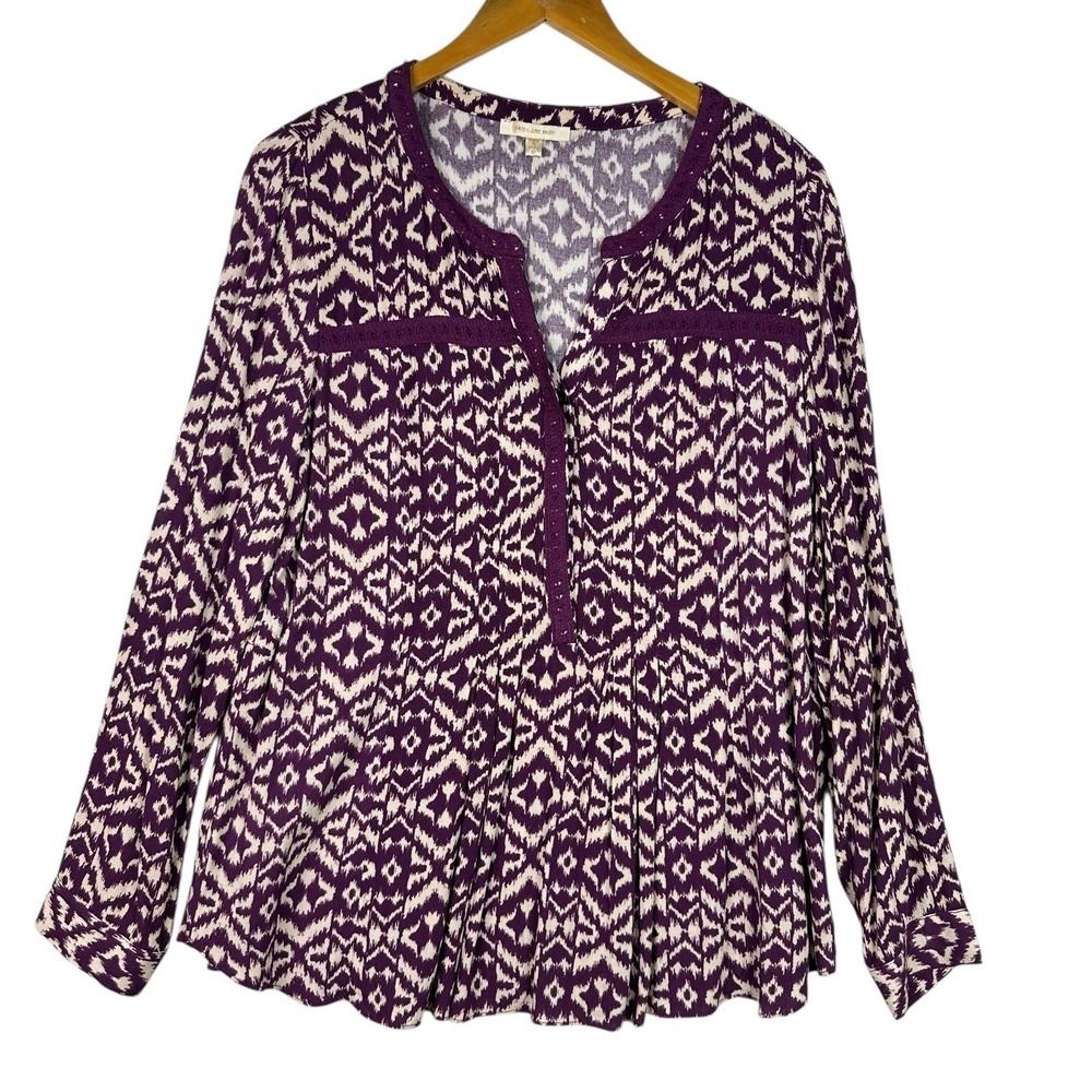 Skies Are Blue‎ Boho Peplum Blouse Women's M Purple Ikat Print Roll Tab Sleeve
